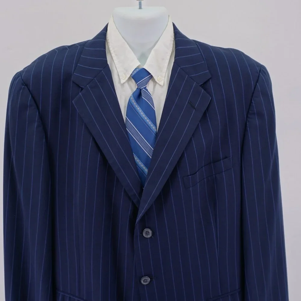 Tommy Hilfiger Blue Striped Wool 2 Piece Suit 46R 40 / 28.5 3 Button High Rise P